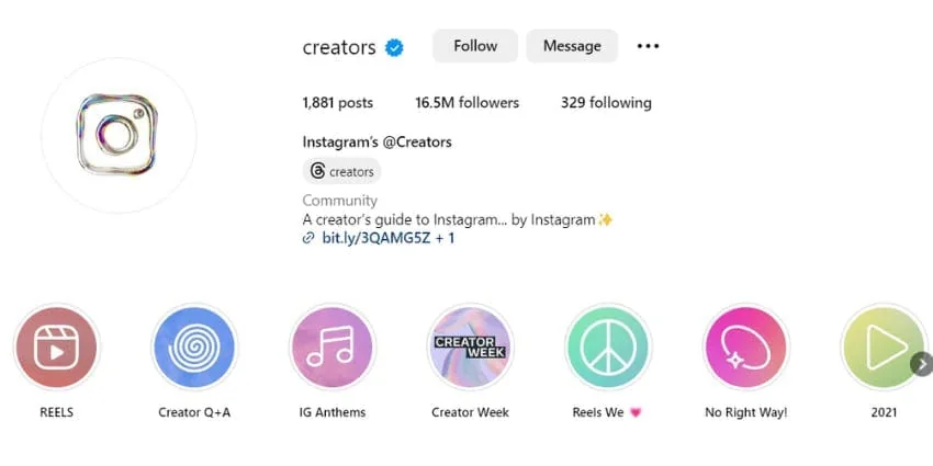 Imagen del perfil de Instagram Creator que ilustra lo que el texto explica.