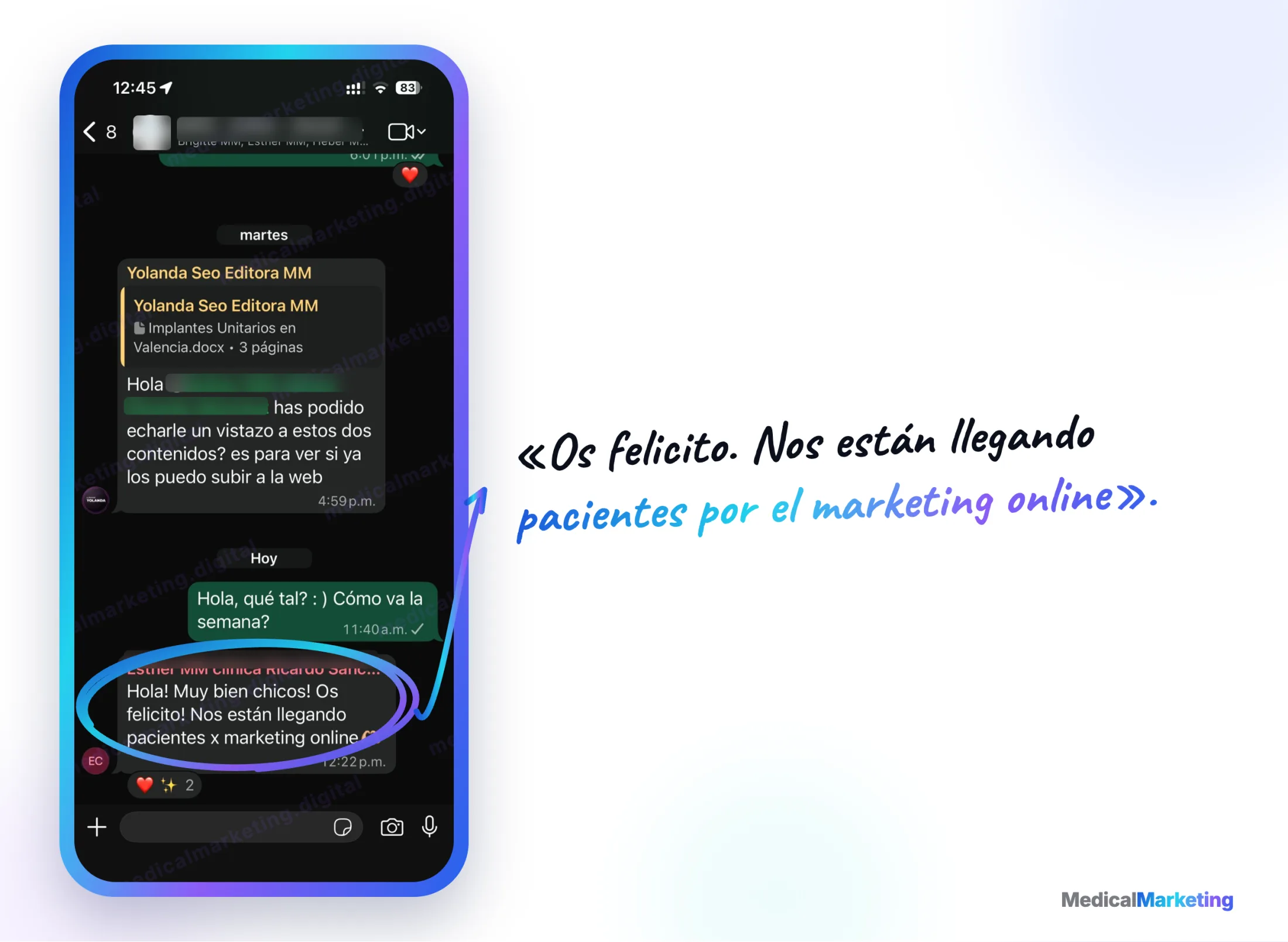 Reseña por WhatsApp: «Os felicito. Nos están llegando pacientes por el marketing online»