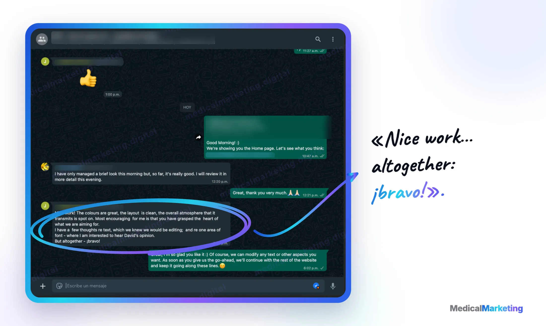 Reseña por WhatsApp en inglés: «Nice work… altogether: bravo»