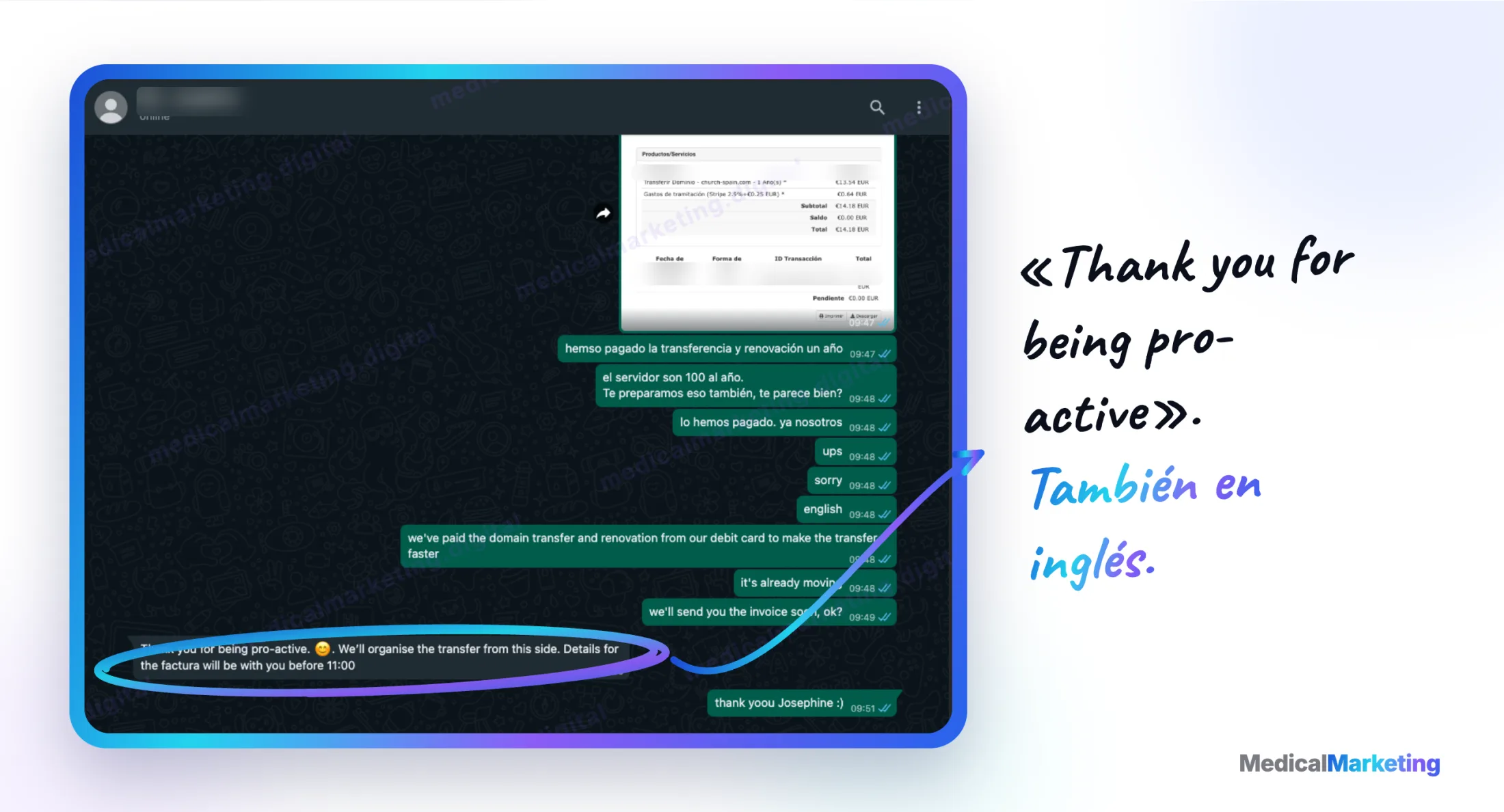 Reseña por WhatsApp en inglés: «Thank you for being pro-active»
