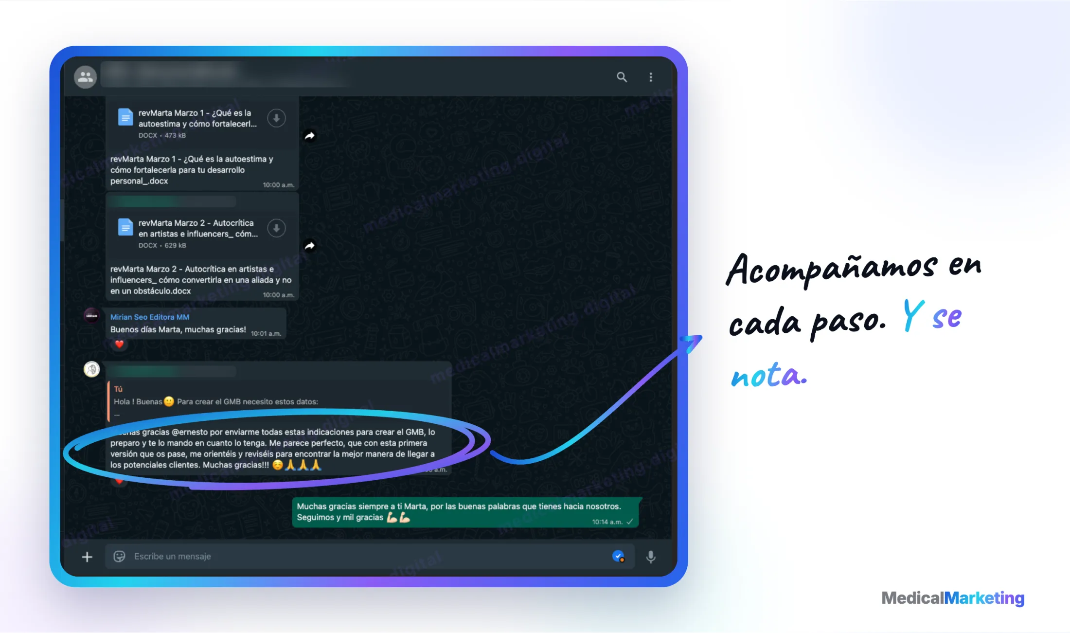 Reseña por WhatsApp agradeciendo las indicaciones y el acompañamiento
