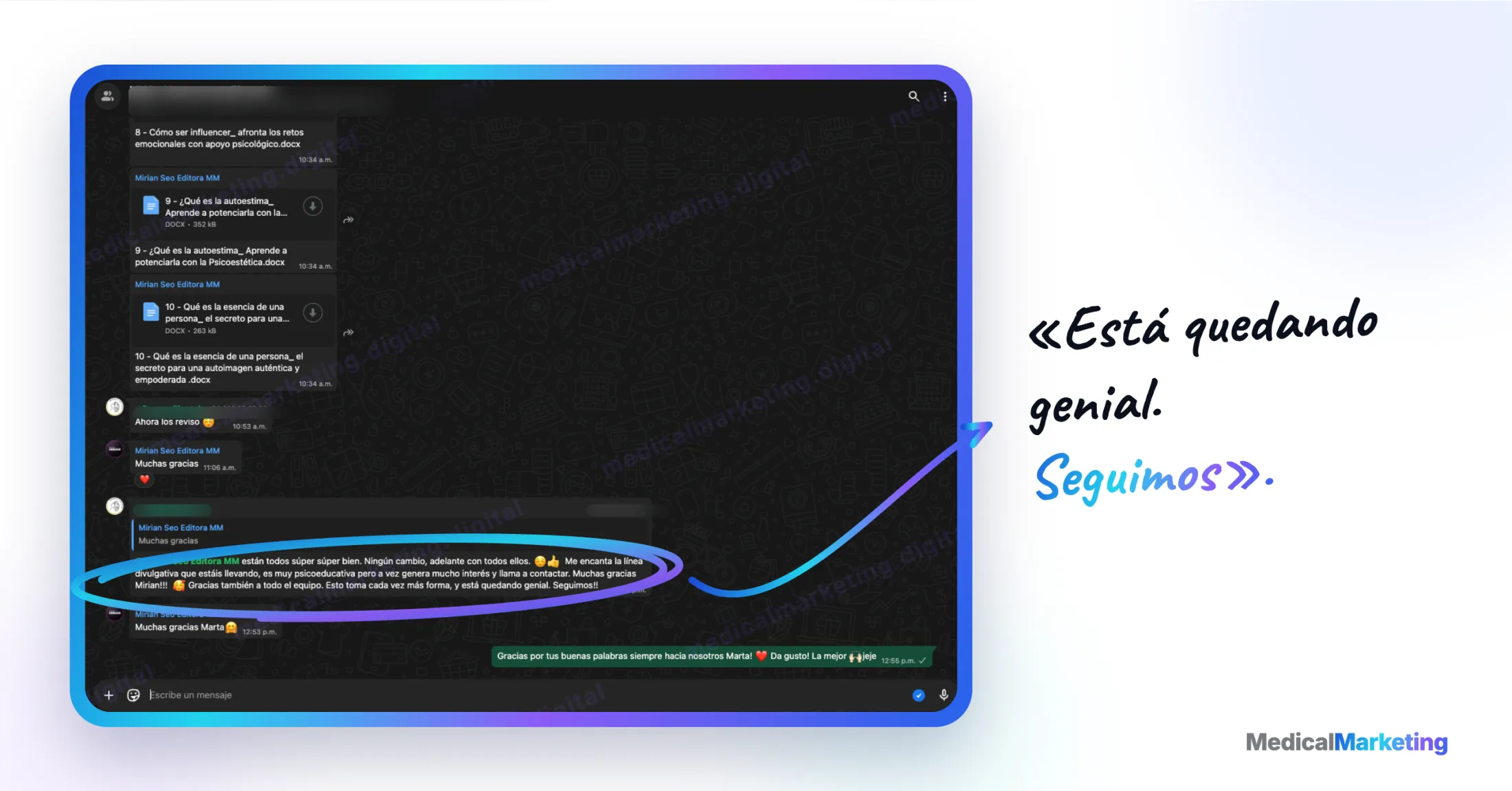 Reseña por WhatsApp: «Está quedando genial. Seguimos»