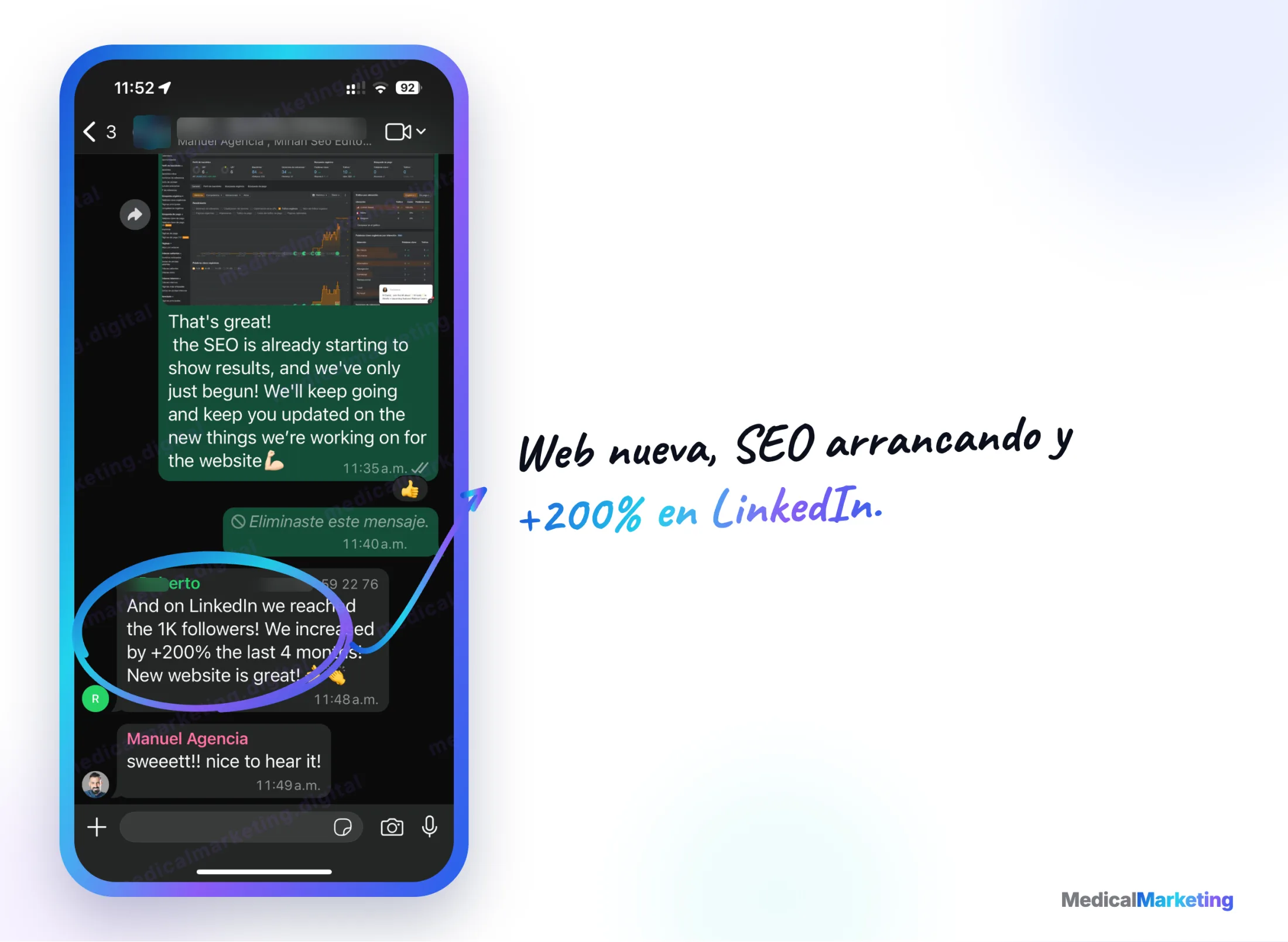 Reseña por WhatsApp: web nueva, SEO arrancando y +200% en LinkedIn