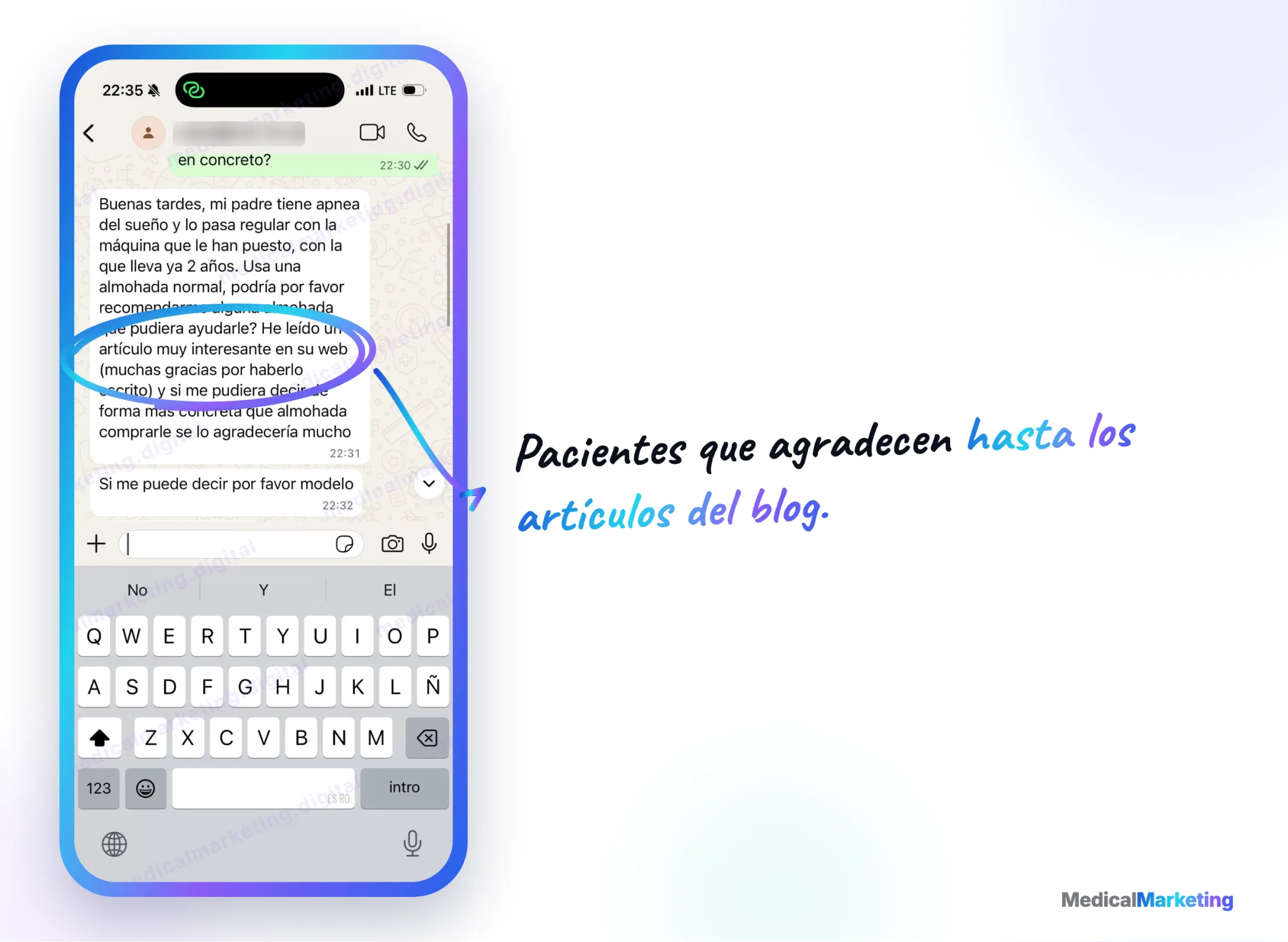 Mensaje de un paciente agradeciendo un artículo del blog de la clínica