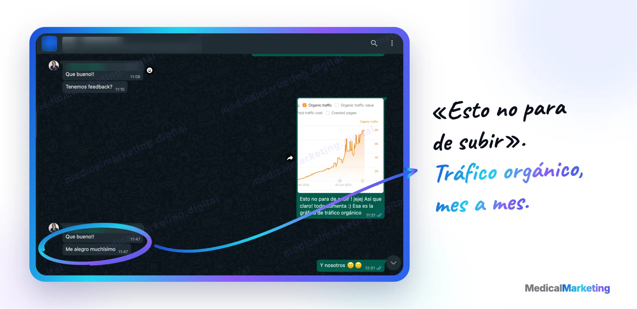 Reseña por WhatsApp: «Qué bueno, me alegro muchísimo», sobre la subida del tráfico orgánico