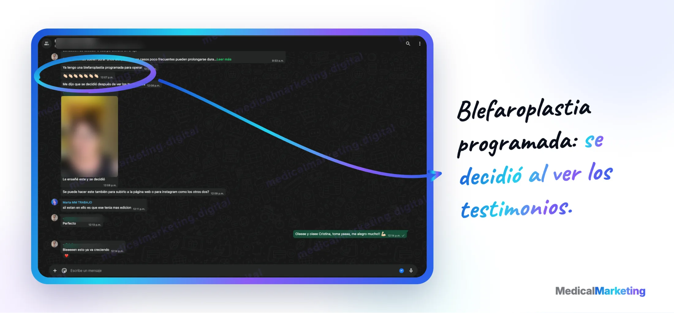 Reseña por WhatsApp: blefaroplastia programada tras ver los testimonios de la web