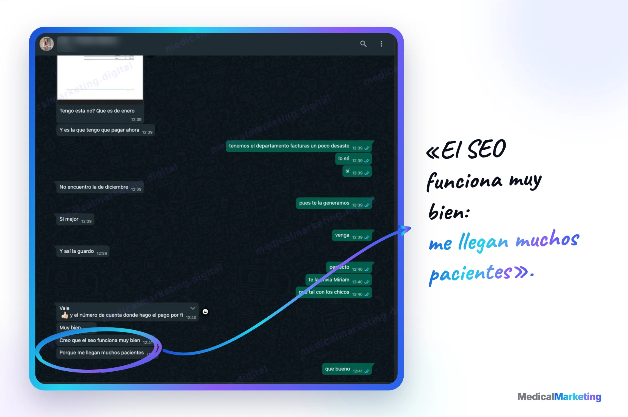 Reseña por WhatsApp: «El SEO funciona muy bien, me llegan muchos pacientes»